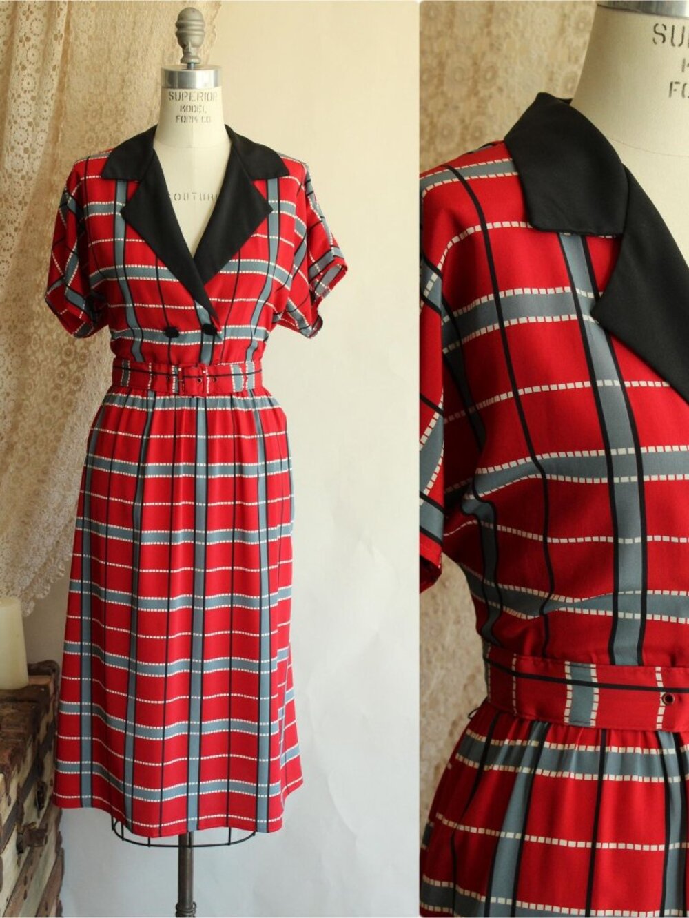 Vintage 1980's 1990s Dress with Belt, Red Grey Black Plaid Print, 80s Does 1940s